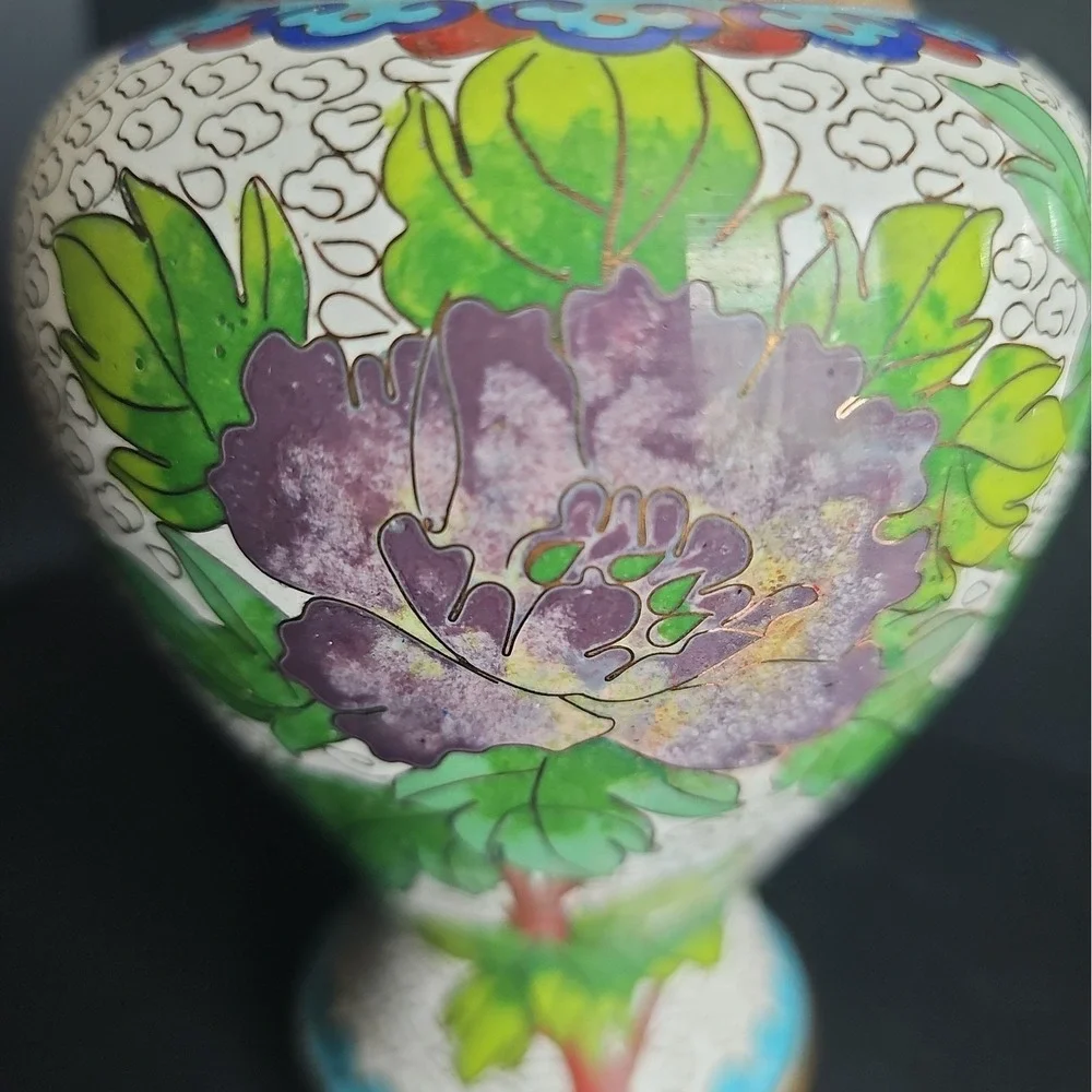 Vintage Cloisonne Flower Floral Enamel Brass Vase 7.5